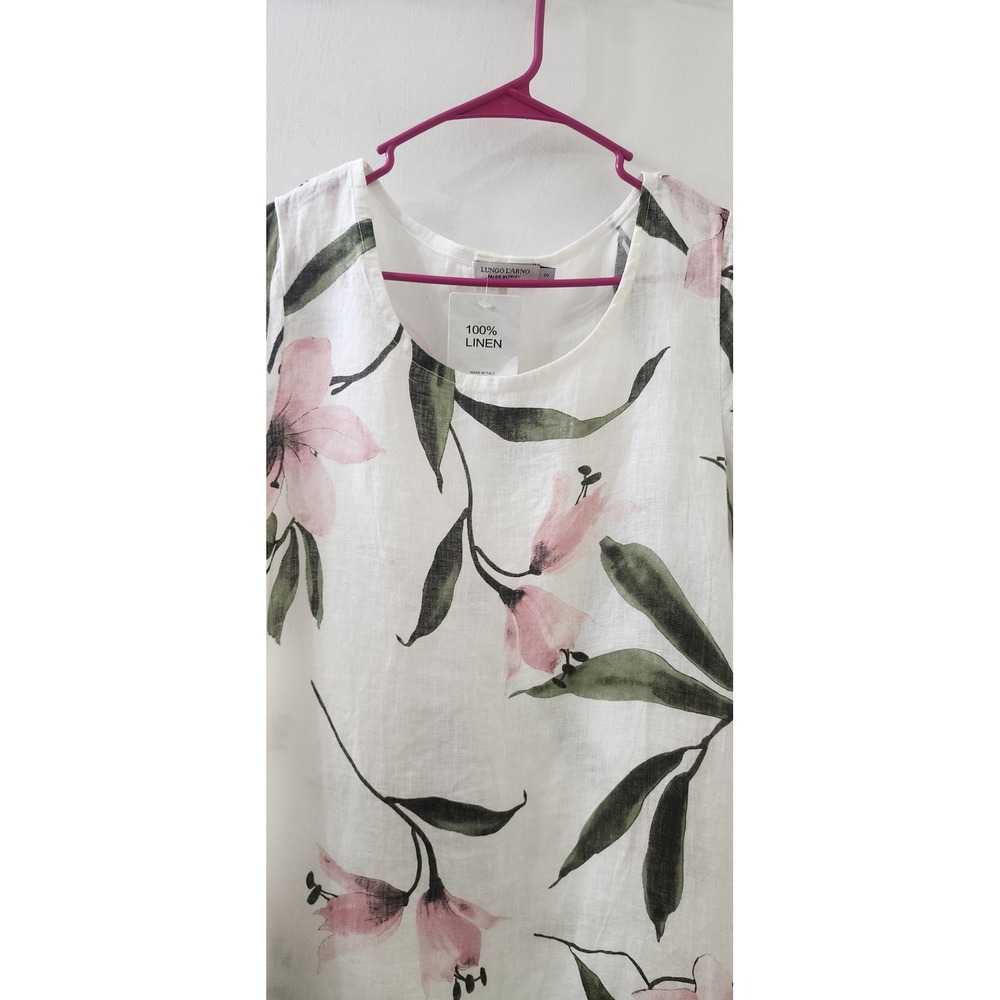 Lungo L'Arno Italy 100% Linen Floral Midi Dress White Pink Green Womens Small - Picture 4 of 6